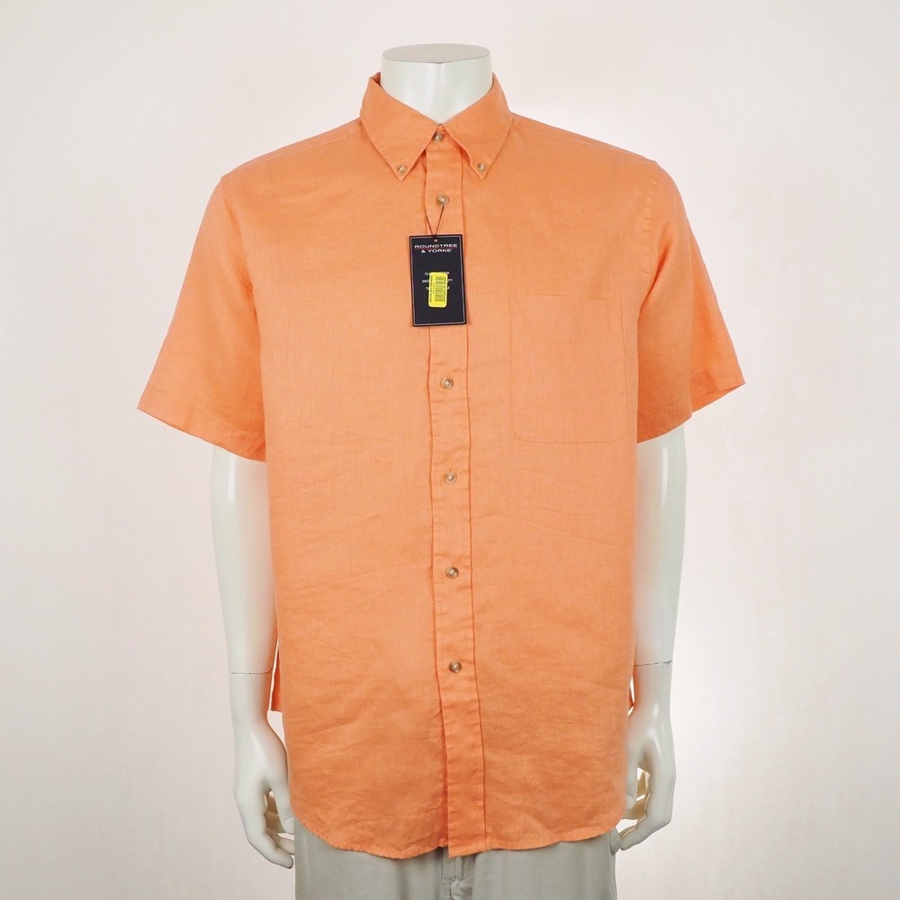 New Roundtree & Yorke Button Down Shirt Mens Large Orange 100% Linen Vacation